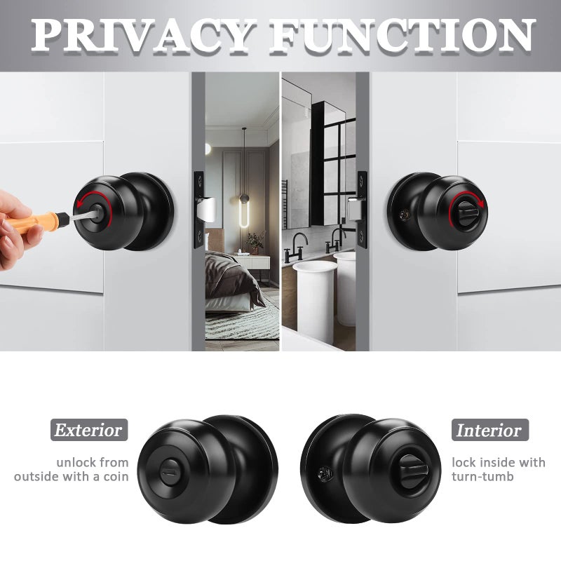 Probrico 6 Pack Round Privacy Door Knob(Thumb Turn Lock on The Inside), Keyless Doorknobs Interior/Exterior Lockset,Privacy Knobs for Bedroom/Bathroom,Black Modern Design Door Hardware - Image 3